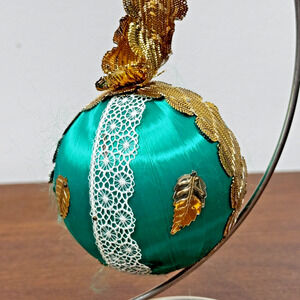 Vintage Handmade Satin Ball Christmas Ornament Green and Gold 3"